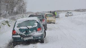 Cars in snow in Guernsey