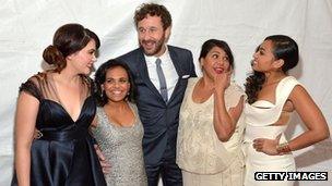 (L-R) Actors Shari Sebbens, Miranda Tapsell, Chris O" Dowd, Deborah Mailman, and Jessica Mauboy attend "The Sapphires" screening at The Paris Theatre on March 13, 2013 in New York City.