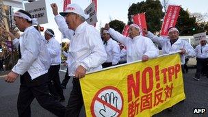 Japanese farmers association members protesting against TPP