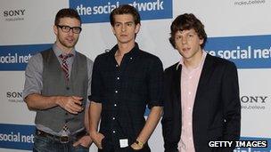 The actors Justin Timberlake, Andrew Garfield and Jesse Eisenberg