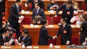 Chinese Communist Party leaders after the opening session of the annual National People's Congress in Beijing, 5 March 2013