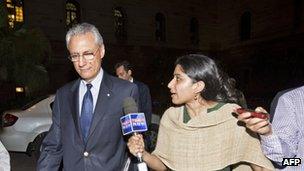 Mr Mancini leaving India's Ministry of External Affairs on 12 March