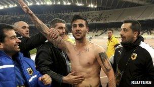 Giorgos Katidis celebrates his goal during a Super League match against Veria at the Olympic stadium in Athens on 16 March.
