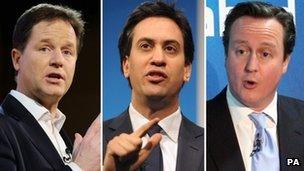 Nick Clegg, Ed Miliband, David Cameron,