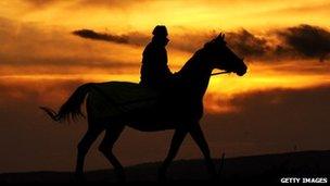 Silhouette of a person on horseback at sunset