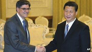 Xi Jinping's (R) meeting with Jacob Lew is seen as the first step in building "new type" of bilateral ties