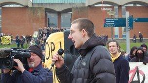 Alfie Meadows speaking at demonstration