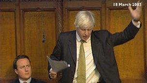 Boris Johnson speaks, watched by David Cameron, while the pair were on the backbenches during the 2003 debate on the Iraq war