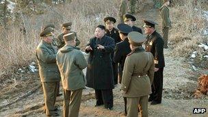 North Korean leader Kim Jong-un (C) speaks to military officials as he inspects a military unit on 25 March, in image released by KCNA news agency on 26 March 2013