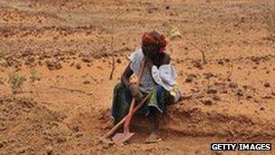 A woman digs a trench