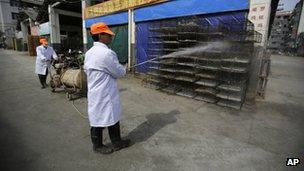 A worker spays disinfectant on to chicken cages at a wholesale market on 3 April 2013 in Shanghai, China