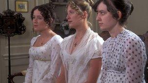 Jennifer Ehle as Elizabeth Bennet, Susannah Harker as Jane and Lucy Briers as Mary in BBC production of Pride and Prejudice