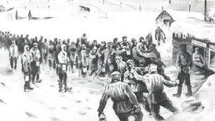 Illustration of a prison camp