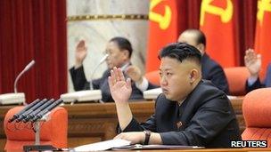 North Korean leader Kim Jong-Un presides over a plenary meeting of the Central Committee of the Workers" Party of Korea in Pyongyang March 31, 2013 in this picture released by the North"s official KCNA news agency on April 1, 2013.