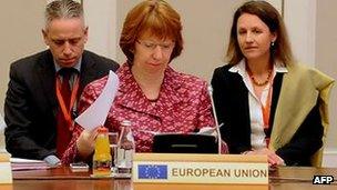 EU foreign policy chief Catherine Ashton (centre) at Iran nuclear talks in Almaty, Kazakhstan, on 5 April 2013