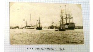 Post card showing the HMS Victory docked in Portsmouth