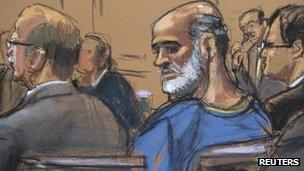 An artist sketch shows Sulaiman Abu Ghaith, at a hearing in a Manhattan federal court in New York on 8 April 2013
