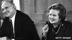 22 April 1983: Margaret Thatcher and her German counterpart, Helmut Kohl, at a press conference in London