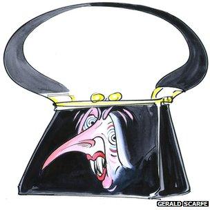 Gerald Scarfe image of Mrs Thatcher as a handbag