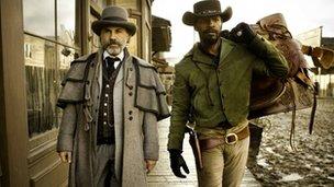 Christoph Waltz as Schultz and Jamie Foxx as Django in the film Django Unchained