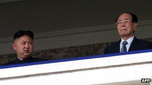 Kim Jong-un looks at the Kim Yong-nam (R) during a military parade (April 2012)