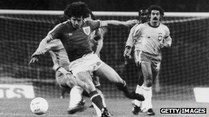 Kevin Keegan in action for England v Brazil in 1978