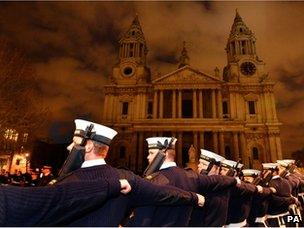 Members of the Royal Navy on the approach to St Paul's Cathedral during a rehearsal for the funeral of Baroness Thatcher