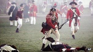 People re-enacting the battle of Lexington Green