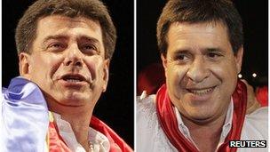 Paraguay presidential candidates Efrain Alegre (L) and Horacio Cartes