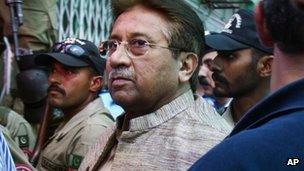 Pakistan's former president and military ruler Pervez Musharraf arrives at an anti-terrorism court in Islamabad, Pakistan on Saturday, April 20, 2013