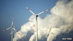 Coal power station and wind turbines