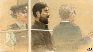 In this courtroom sketch, Raed Jaser appears in court in Toronto on Tuesday