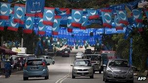 Flags of Malaysian opposition People's Justice Party and ruling Barisan National in Kuala Lumpur