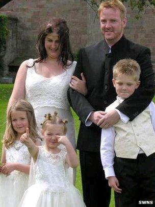 Ruth and Ceri Fuller with their children Sam, Rebecca and Charlotte at their wedding.