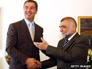 Stipe Mesic (right), Croatia's president until 2010, with Montenegro PM Milo Djukanovic