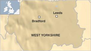 Locator map showing Leeds and Bradford