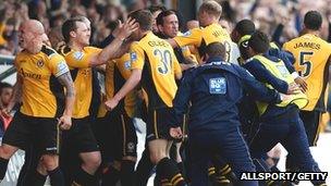 Newport celebrate a goal in the semi-final second leg against Grimsby Town at Rodney Parade