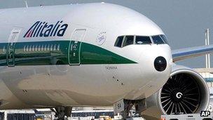 An Alitalia plane takes off at Rome's Fiumicino Airport