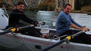 Nick Rees (left) and Ed Curtis rowing on the Menai Strait near Britannia Bridge, between Anglesey and the mainland of Wales