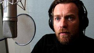 Ewan McGregor in the voice-over booth for Hebrides: Islands on the Edge