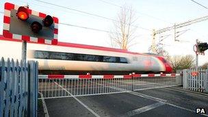 General view of level crossing at Wedgwood train station in Stoke-on-Trent, Staffordshire.