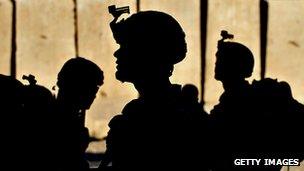 Silhouette of US army soldiers in combat gear