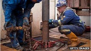 Engineers on the drilling platform of the Cuadrilla shale fracking facility