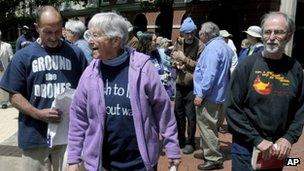 Michael Walli (left), Megan Rice (centre) and Greg Boertje-Obed arrive for trial in Knoxville, Tennessee 6 May 2013