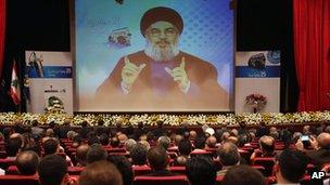 Hezbollah leader Hassan Nasrallah speaks via video during a conference in Beirut, Lebanon. Photo: 9 May 2013