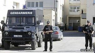 Police outside printing shop in Kostinbrod, near Sofia. 11 May 2013