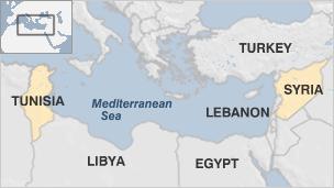 Map showing location of Tunisia and Syria