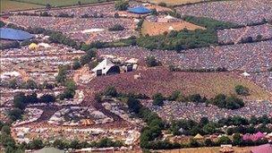 Aerial view of Glastonbury festival