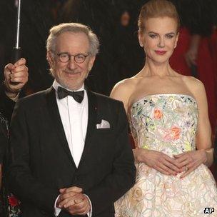 Steven Spielberg arrives with actress Nicole Kidman for the opening ceremony and the screening of The Great Gatsby at the 66th international film festival, in Cannes, southern France, Wednesday, May 15, 2013