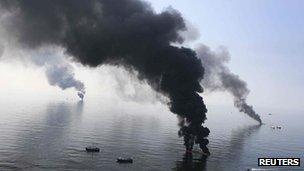 Oil burning on sea after Gulf disaster